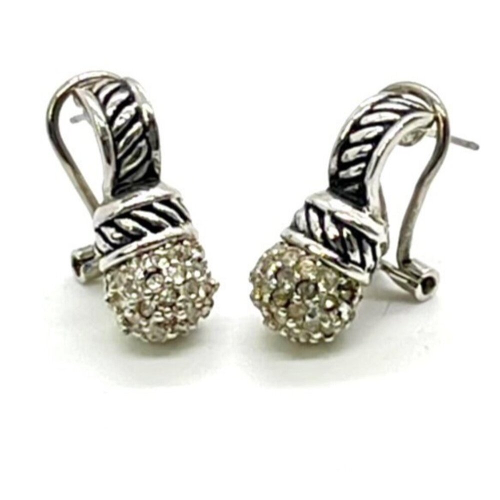 Vintage 90s Pave CZ Silver Tone Renaissance Revival Design Pierced Earrings